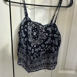 Paisley Print Spaghetti Strap Top - navy and White